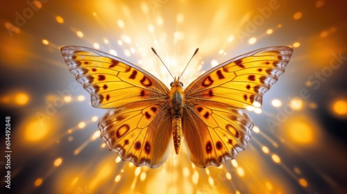 Radiant yellow butterfly, its delicate wings spread wide against a monochrome background.
