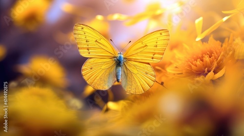 Radiant yellow butterfly, its delicate wings spread wide against a monochrome background. © MADMAT