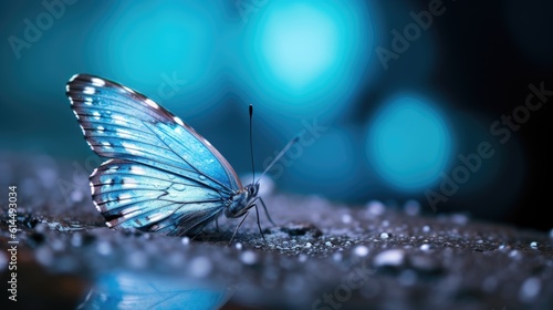 Vibrant blue butterfly resting on a monochrome surface, its delicate wings creating an artistic composition.