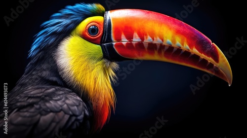 Brilliantly colored toucan, its vibrant beak and feathers contrasting against the monochrome setting. © MADMAT