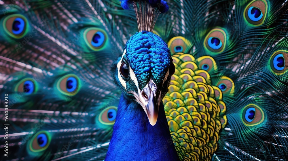 Obraz premium Turquoise - hued peacock, its iridescent feathers fanned out against the monochrome backdrop.