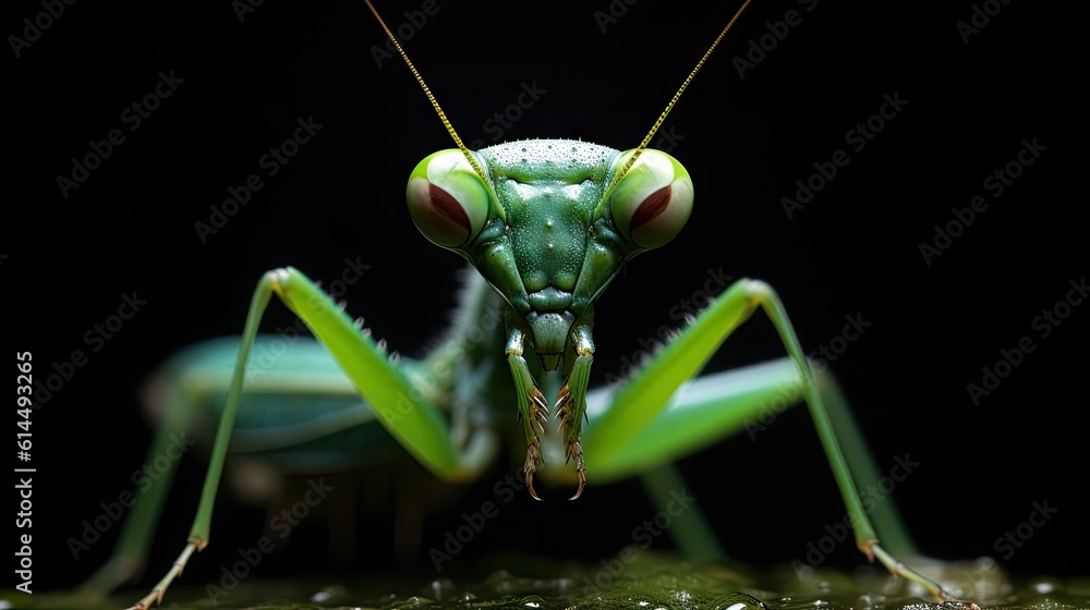 A detailed photograph of a mesmerizing green mantis on a monochrome surface. A detailed photograph of a mesmerizing green mantis on a monochrome surface.