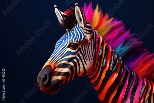 Abstract animal African Zebra portrait with multi colored colorful on skin body and hairs paint  Vibrant bright gradients tone  with Generative AI.