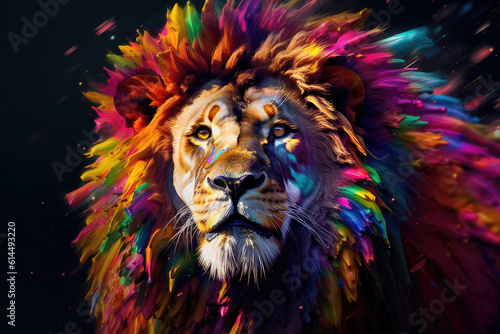 Abstract animal king of Lion portrait with multi colored colorful on skin body and hairs paint  Vibrant bright gradients background  with Generative AI.