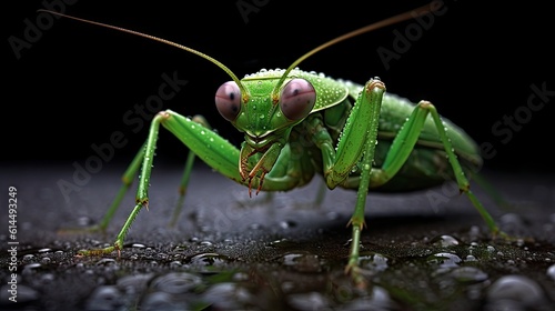 A detailed photograph of a mesmerizing green mantis on a monochrome surface.