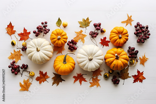 Festive autumn decor of pumpkins, berries and leaves on a white wooden background. Thanksgiving or Halloween concept. Flat autumn. ai generative