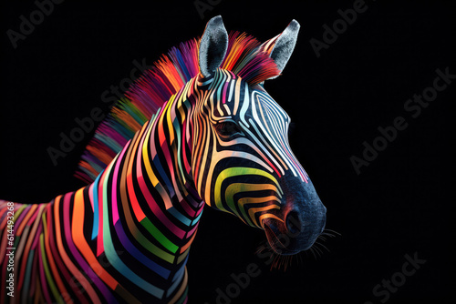 Abstract animal African Zebra portrait with multi colored colorful on skin body and hairs paint  Vibrant bright gradients tone  with Generative AI.