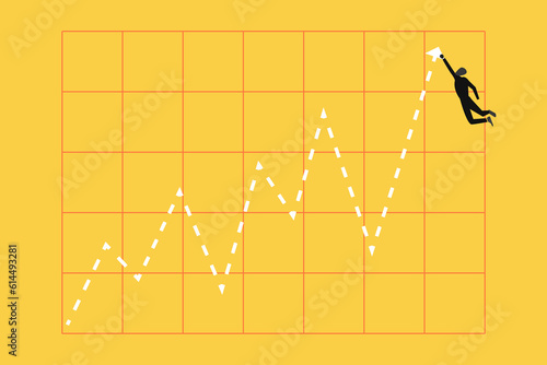 Businessman levitating on market trend in stocks or crypto. Trade exchange, up arrow graph for increase in rates