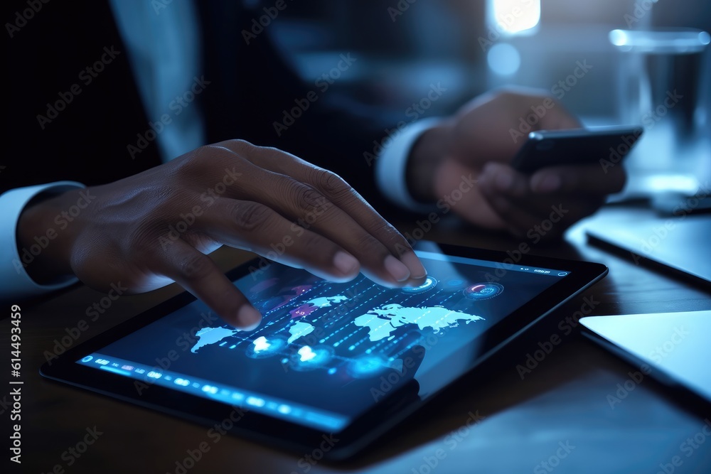 A close - up photo that visually represents a businessman using a tablet to analyze sales data and economic growth graph chart. Generative AI A close - up photo that visually represents a businessman using a tablet to analyze sales data and economic growth graph chart. Generative AI