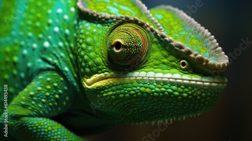 brilliant green chameleon, its vibrant scales contrasting against the monochrome setting. © MADMAT