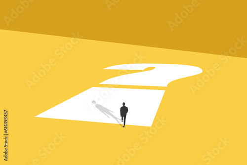 Businessman walking on question mark. concept of business future, uncertainty, challenge, opportunity and hope