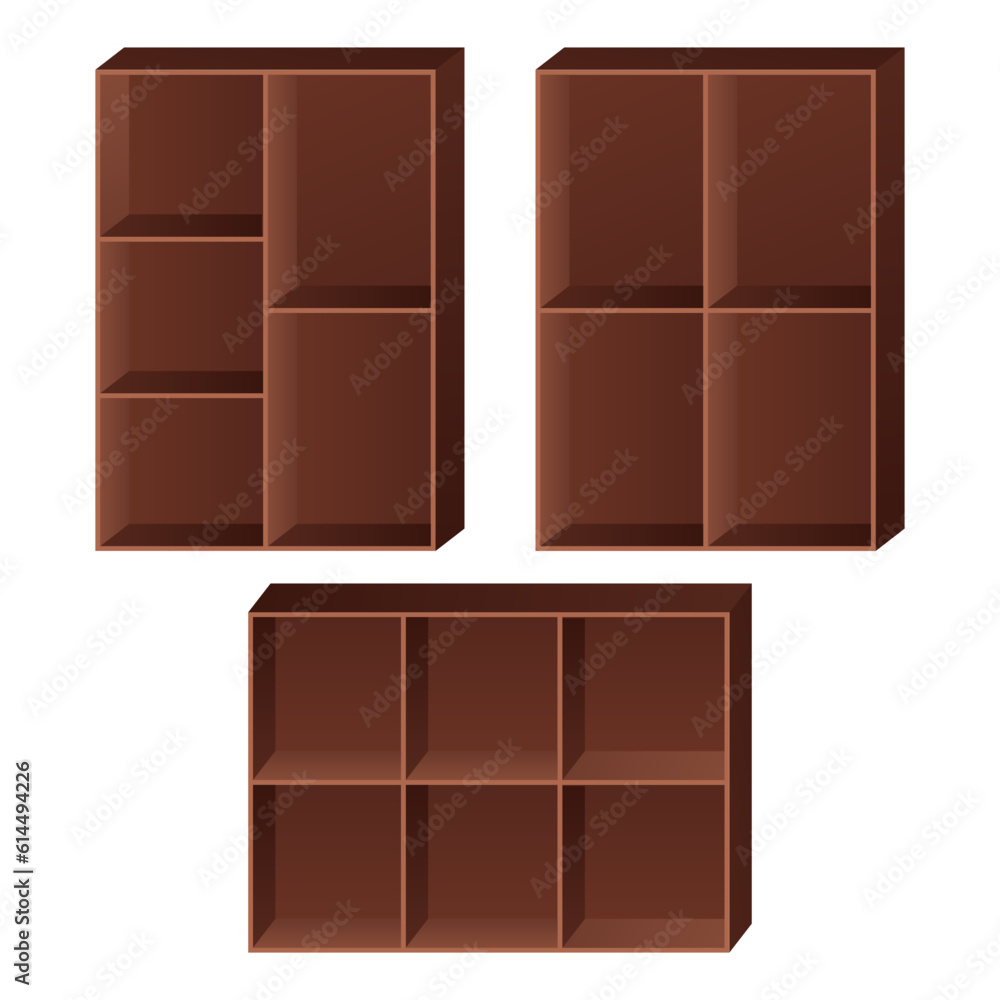 Set of Minimalist Wooden Bookshelf Vector Designs - Isolated on White Set of Minimalist Wooden Bookshelf Vector Designs - Isolated on White