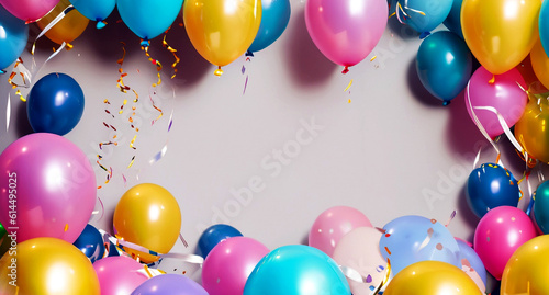 Colorful balloons for new year and birthday party celebrations with confetti and pink background