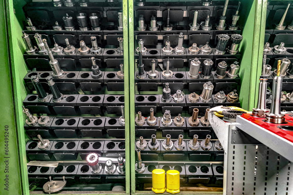 Various cutters in stock for a CNC metalworking machine. Various cutters in stock for a CNC metalworking machine.