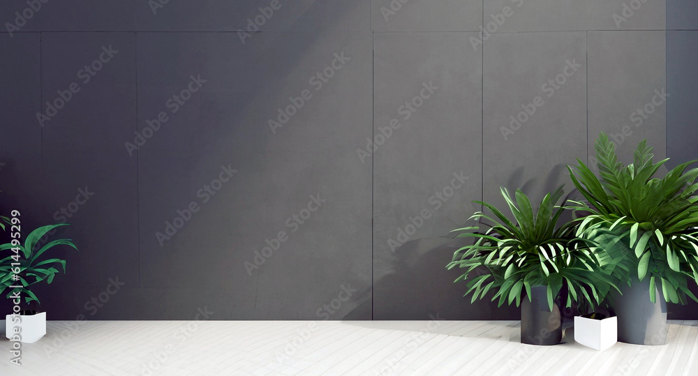 Minimal style interior with big dark wall empty room with plants on a floor