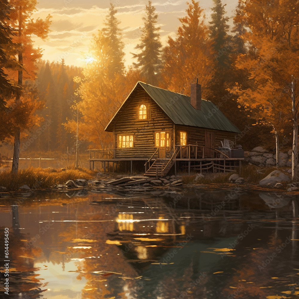 a paint cabin by lake with winter cabin by glowing lake with Acrylic Generative AI a paint cabin by lake with winter cabin by glowing lake with Acrylic Generative AI