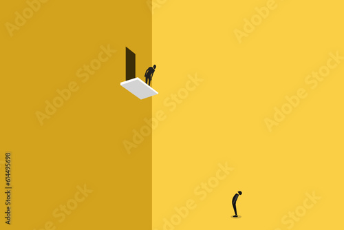 Successful businessman standing on the balcony looking down and man looking up, which pointing up as symbol of achievement, success and developing business in successful way