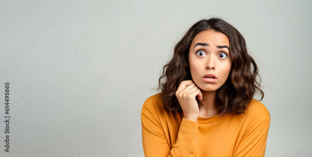 Young woman with uncertain surprised or confused expression, mildly shocked, large open eyes. Banner with copy space left side. Generative AI Young woman with uncertain surprised or confused expression, mildly shocked, large open eyes. Banner with copy space left side. Generative AI