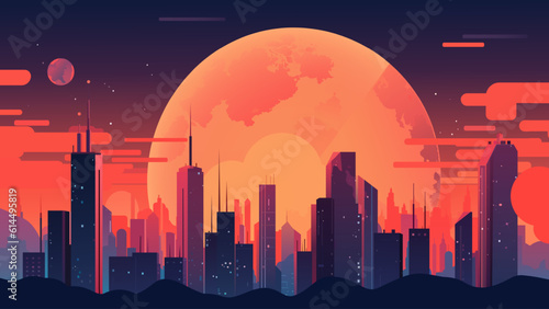 Futuristic night city on the background of the planet. Cityscape on a colorful background with bright and glowing lights. Space trip. Illustration of a future city on an unknown planet.