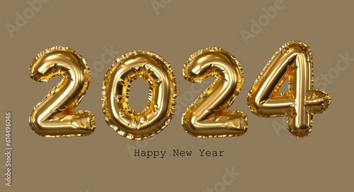 2024 New Year. 3D illustration of numbers 2024. beige background, gold numerals