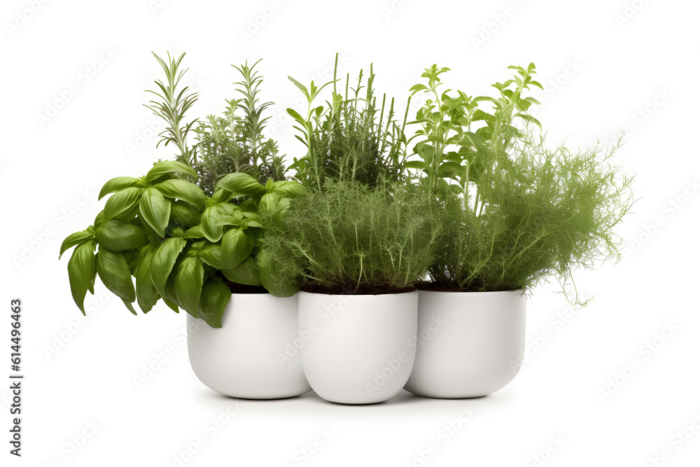 Herbs in pots, grouped, white 02 Generative AI Herbs in pots, grouped, white 02 Generative AI