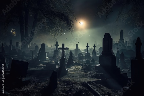 A close - up photograph depicting a spooky Halloween scene in a dark, moonlit graveyard. Generative AI