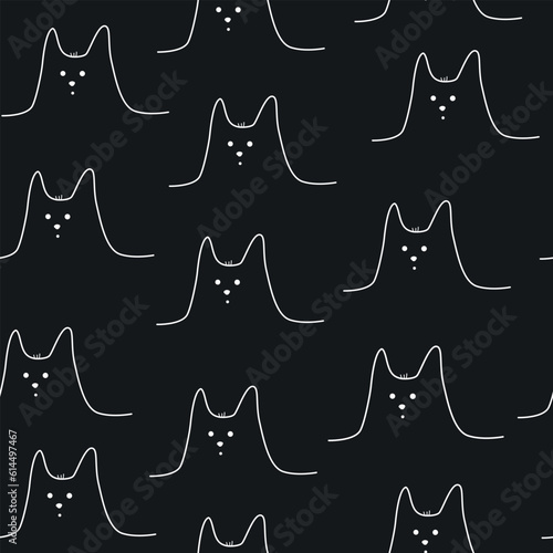 Seamless pattern with hand drawn cute cat face doodle style, vector illustration on black background. Decorative design for wrapping or packaging, one white line, funny character (ID: 614497467)