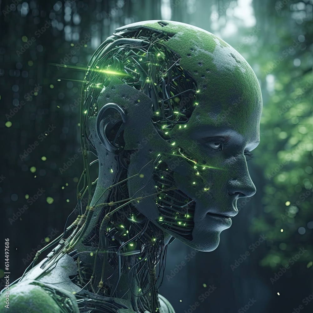 Obraz premium artificial intelligence in human head with neural network thinks. AI with Digital Brain is learning processing big data, analysis information.Face of cyber mind.