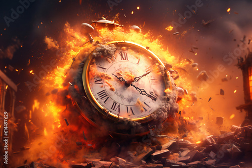 Retro clock with explosions behind it, time running out concept
