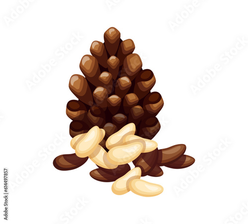 Tasty pine seeds isolated on white background. Vector illustration of a delicious handful of peeled and hulled pine nuts in cartoon style. Pine seed icon. Healthy, organic snacks.