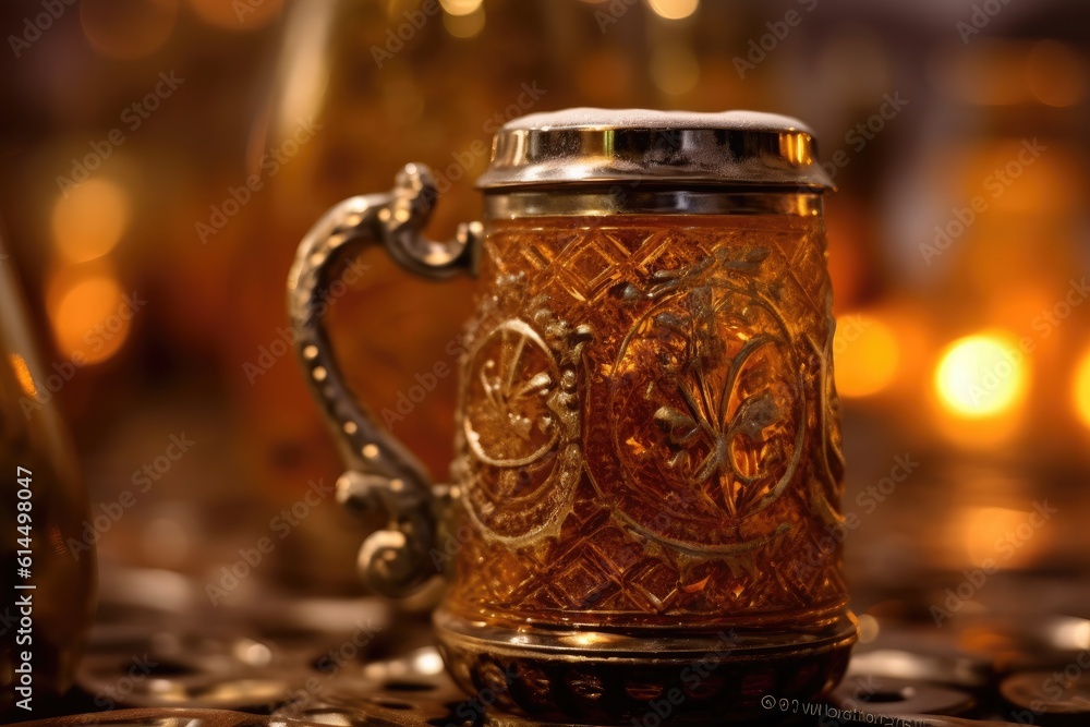 A close - up photo of a traditional Oktoberfest beer stein filled with frothy beer. Generative AI A close - up photo of a traditional Oktoberfest beer stein filled with frothy beer. Generative AI