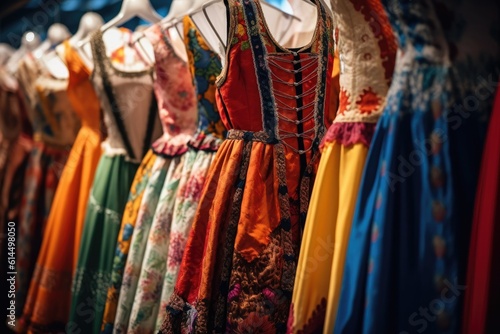 A close - up photo of a group of traditional Oktoberfest dirndl dresses, showcasing their vibrant colors and intricate details. Generative AI