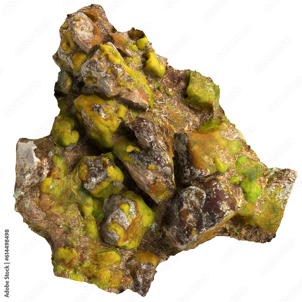 3d illustration of moss covered rocks, placed on moss shelf isolated on transparennt background top view