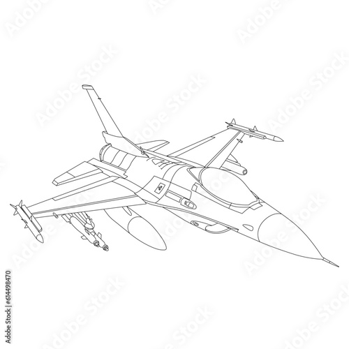 F-16 Fighting Falcon Outline Illustration. Fighter Jet F16 Coloring Book For Children And Adults. Military Aircraft Vector. Cartoon Airplane Isolated on White Background. Plane Drawing Line Art Vector