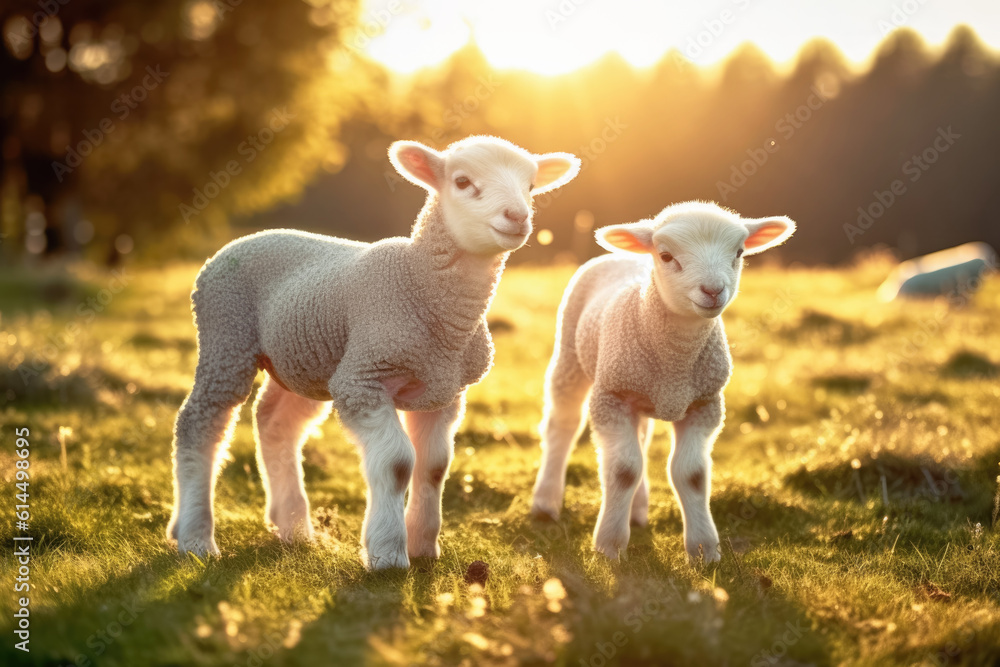 Fototapeta premium Two young lamb sheep on spring meadow looking curious into camera, nice warm afternoon sunlight haze. Generative AI