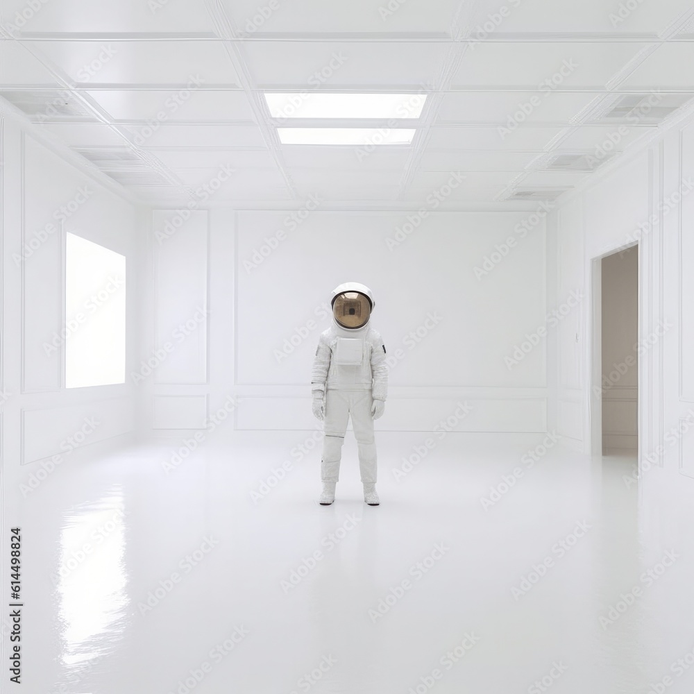Astronaut standing in modern spaceship room.