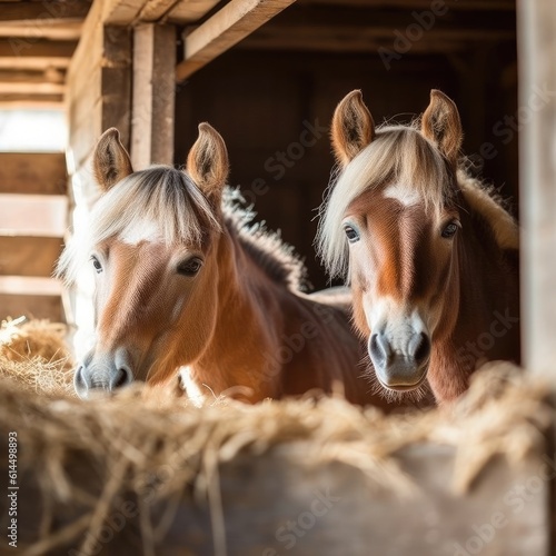 Two horses are standing in wooden stable at farm.