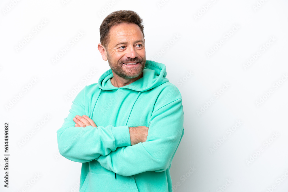 Middle age caucasian man isolated on white background looking to the side and smiling Middle age caucasian man isolated on white background looking to the side and smiling