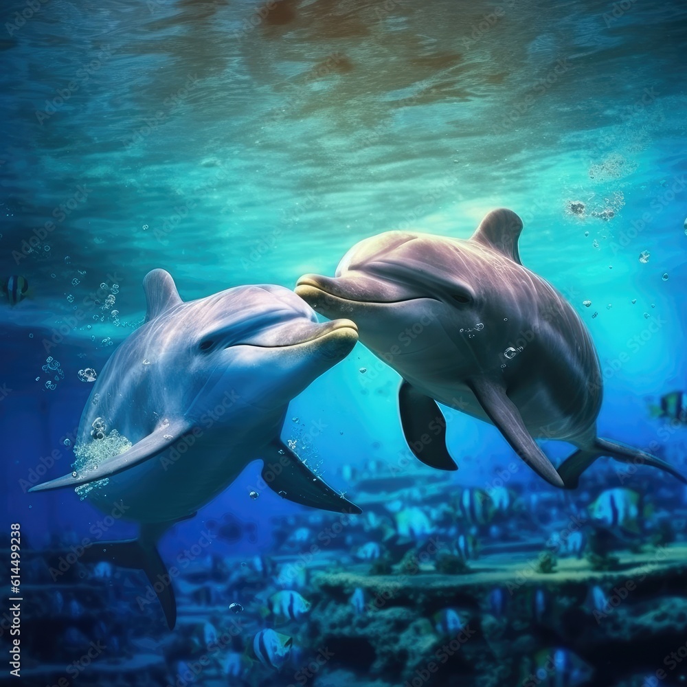 Fototapeta premium Two spinner dolphins swim under the sea.