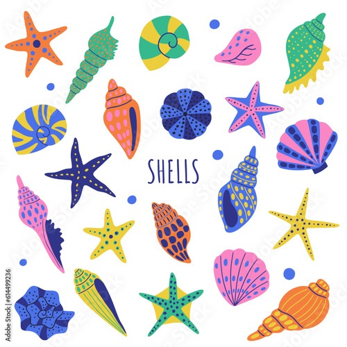 Set of colored sea shells, molluscs, scallops, starfishes. Cartoon colorful undersea elements. Underwater shells of various shapes. Hand drawn colorful vector illustration. Flat cartoon style.