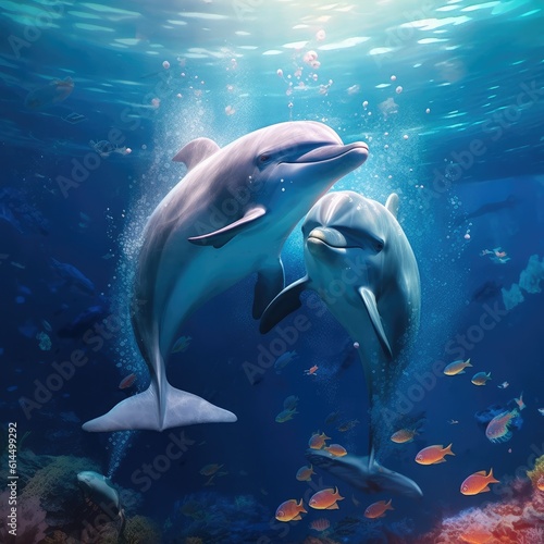 Graceful dolphins frolicking in underwater marine world. © visoot
