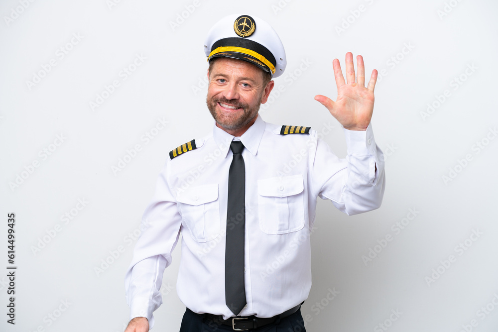 Airplane middle age pilot isolated on white background counting five with fingers Airplane middle age pilot isolated on white background counting five with fingers