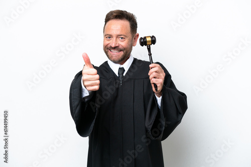 Middle age judge man isolated on white background with thumbs up because something good has happened