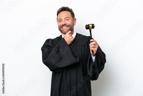 Middle age judge man isolated on white background happy and smiling