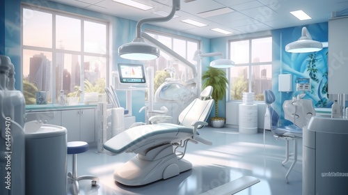 Equipped dental clinic with a modern seat and tools. Dentist specialist concept.