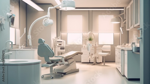 Equipped dental clinic with a modern seat and tools. Dentist specialist concept.