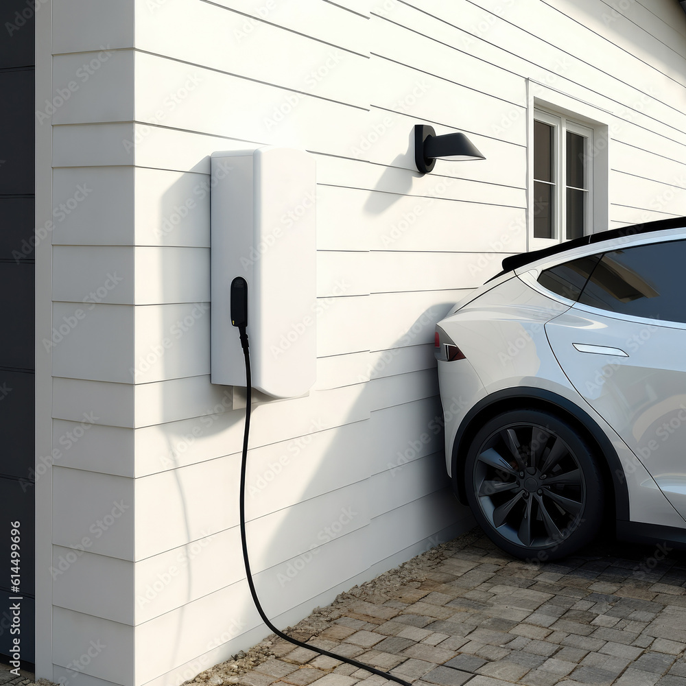 High speed charging station for electric vehicles at home garage with blue energy battery charger, Fuel power and transportation industry concept.