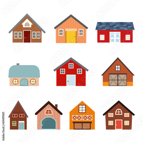 set of different types of houses and barn. isolated cartoon granary vector illustration in flat style