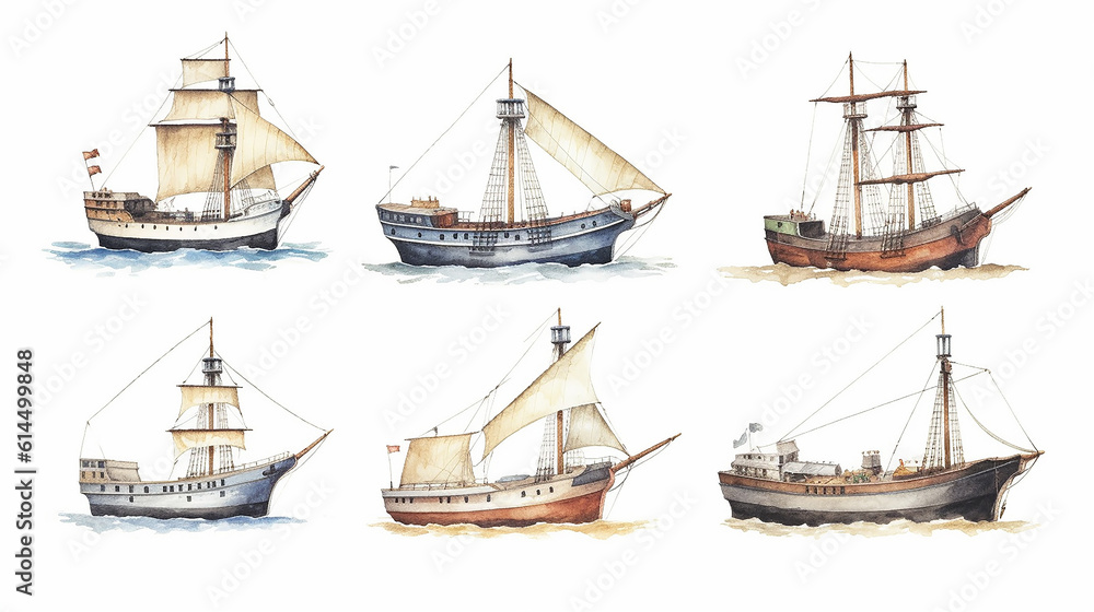 Naklejka premium collection sailboat watercolor drawing on a white background isolated, generative AI
