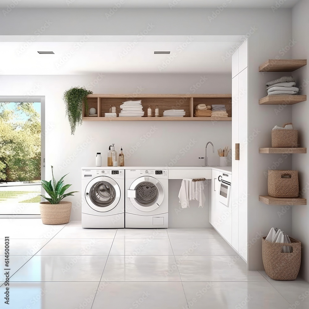 Modern Laundry Room With Washing Machine, Dryer And Cabinets, laundry room interior. Modern Laundry Room With Washing Machine, Dryer And Cabinets, laundry room interior.